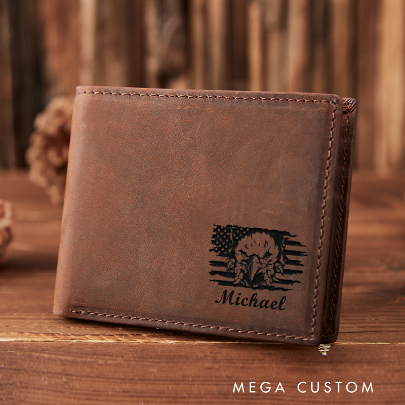 Personalized Engraved Leather Wallet for Police Officer Patriotic Design Gift for Policeman