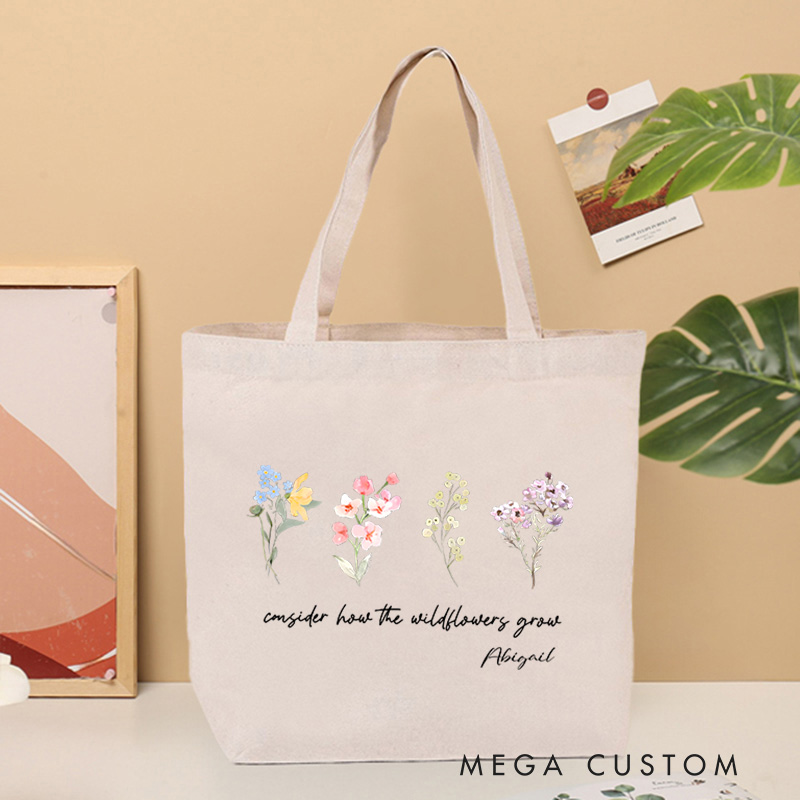 Personalized Luke 12:27 Bible Verse Flora Affirmation Canvas Tote Bag with Name Religious Inspirational Gift for Female Friends