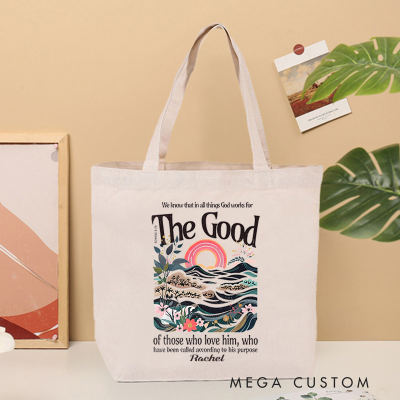 Personalized Romans 8:28 Bible Verse Canvas Tote Bag with Hills and Fields Faith Bag Birthday Gift for Women and Girls