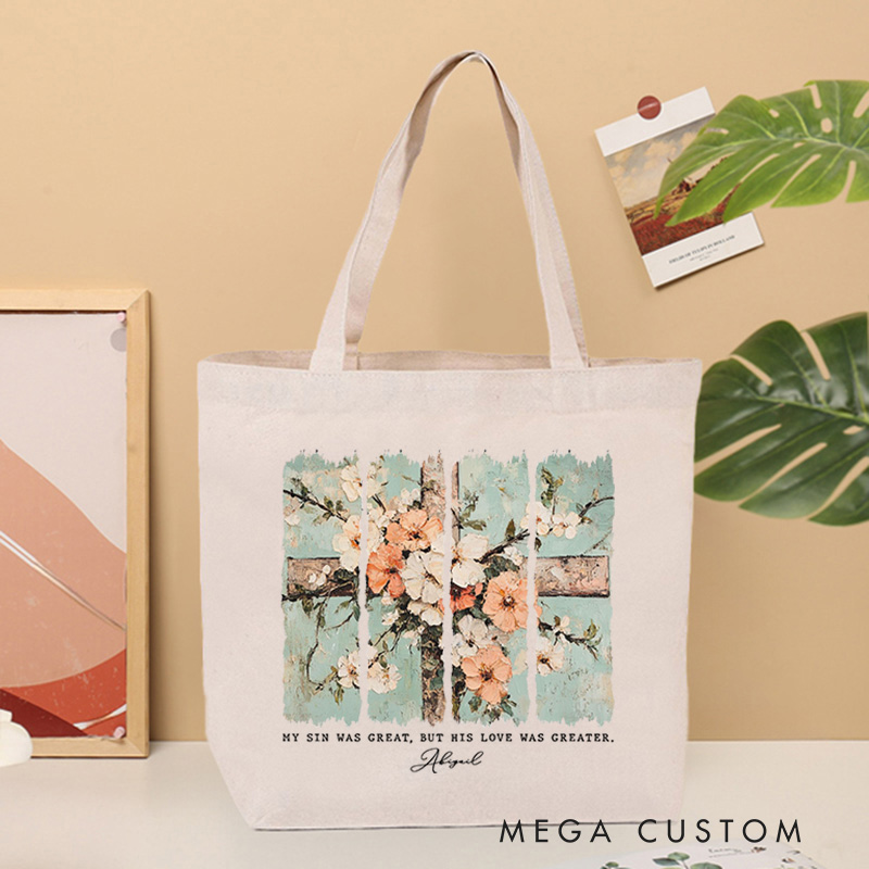 Personalized John 3:16 Bible Verse Canvas Tote Bag with Name Cross and Floral Motivational Quote Tote Bag Religious Gift for Female Friends