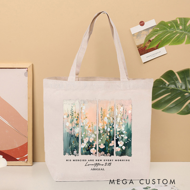 Personalized His Mercies Are New Every Morning Bible Verse Canvas Tote Bag with Name Floral Jesus Bag Prayer Quote Gift Birthday Gift for Girls