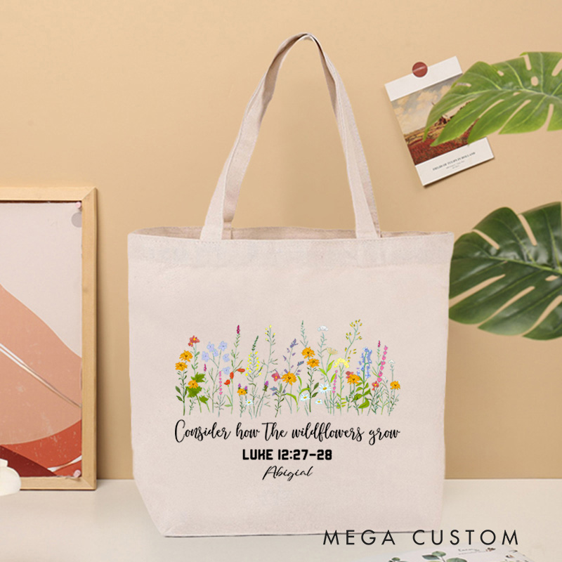 Personalized Luke 12:27-28 Canvas Tote Bag with Custom Name Religious Gift Birthday Gift for Women and Girls