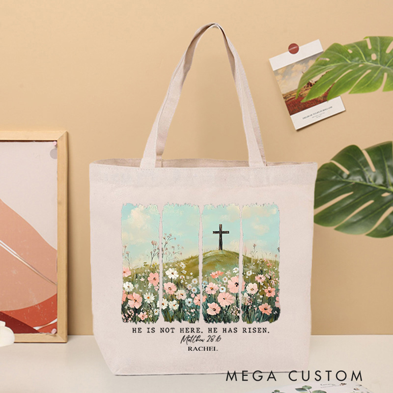 Personalized He Is Not Here He Has Risen Bible Verse Custom Name Canvas Tote Bag with Cross and Floral Blessing Gift Birthday Gift for Christian Women