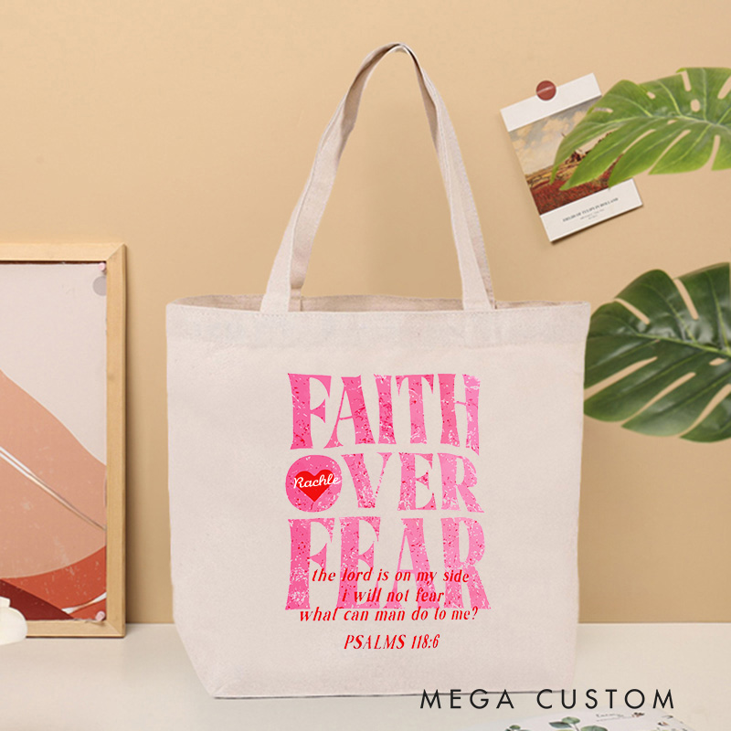 Personalized Faith Over Fear Tote Bag with Name Inspirational Christian Canvas Tote Bag Gift of Faith Birthday Gift for Women