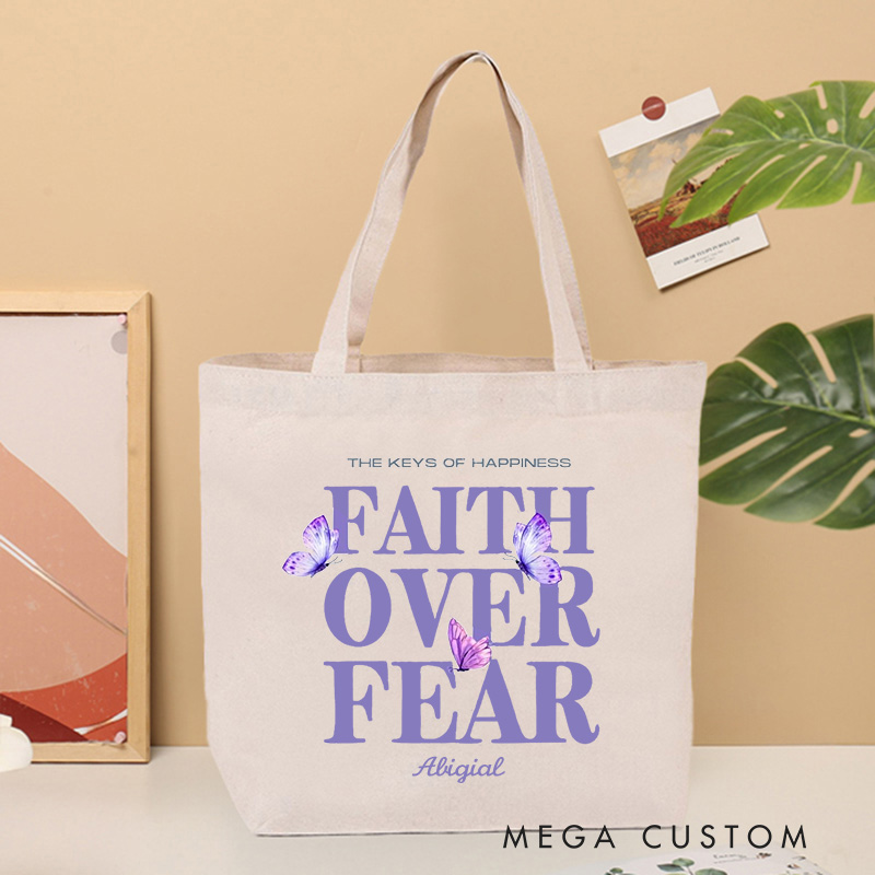 Personalized Faith Over Fear Butterflies Tote Bag with Name Religious Canvas Tote Bag Birthday Gift Faith Based Gift for Christians