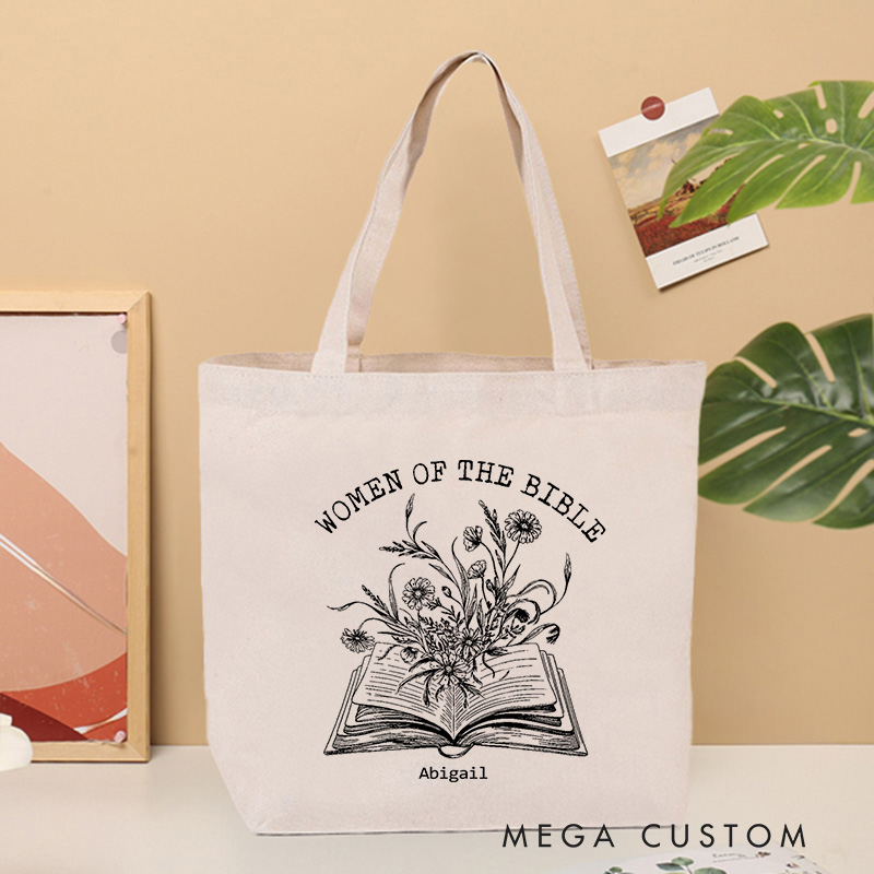 Personalized Women of the Bible Canvas Tote Bag with Floral and Book Christian Tote Bag with Name Birthday Gift Religious Gift for Her