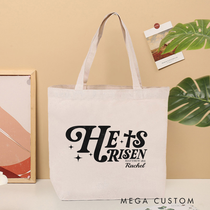 Personalized He Is Risen Canvas Tote Bag with Name Matthew 28:6 Bible Verse Tote Bag Religious Gift Easter Gift for Christians
