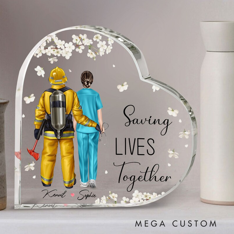 Personalized Heart Acrylic Plaque Firefighter and Nurse Saving Lives Together Valentine's Day Gift