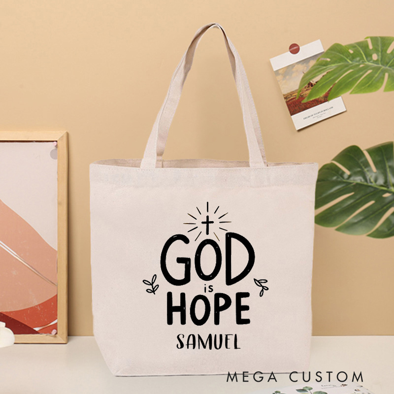 Personalized God Is Hope Canvas Tote Bag with Name Small Leaf Christian Tote Bag Faith Based Bag Gift for Christians