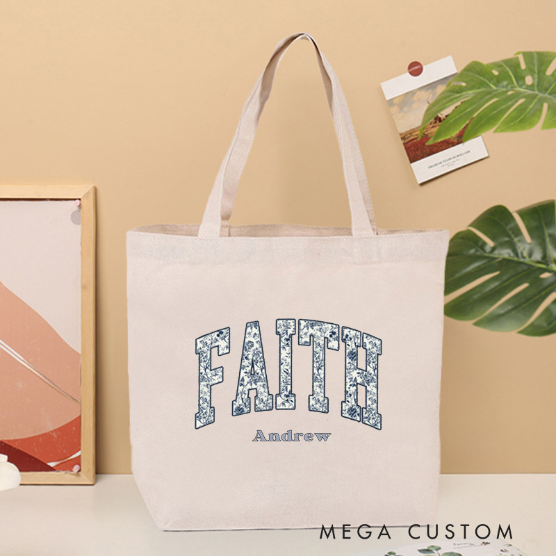 Personalized Faith Canvas Tote Bag with Name Toile Style Tote Bag   Religious Gift Birthday Gift for Women and Girls