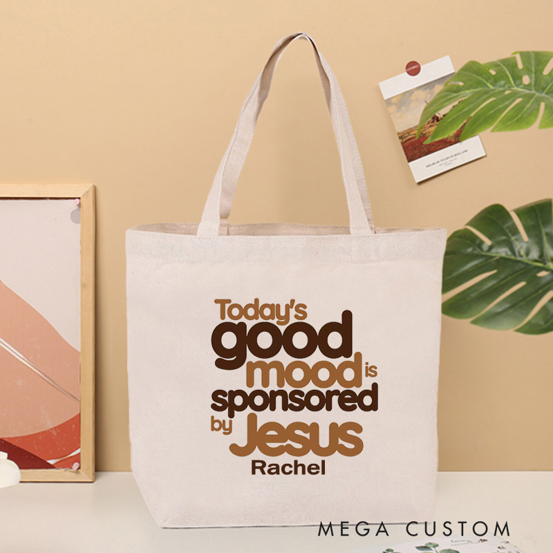 Personalized Today's Good Mood Is Sponsored by Jesus Canvas Tote Bag Retro Inspirational Tote Bag Gift of Faith Birthday Gift for Christians