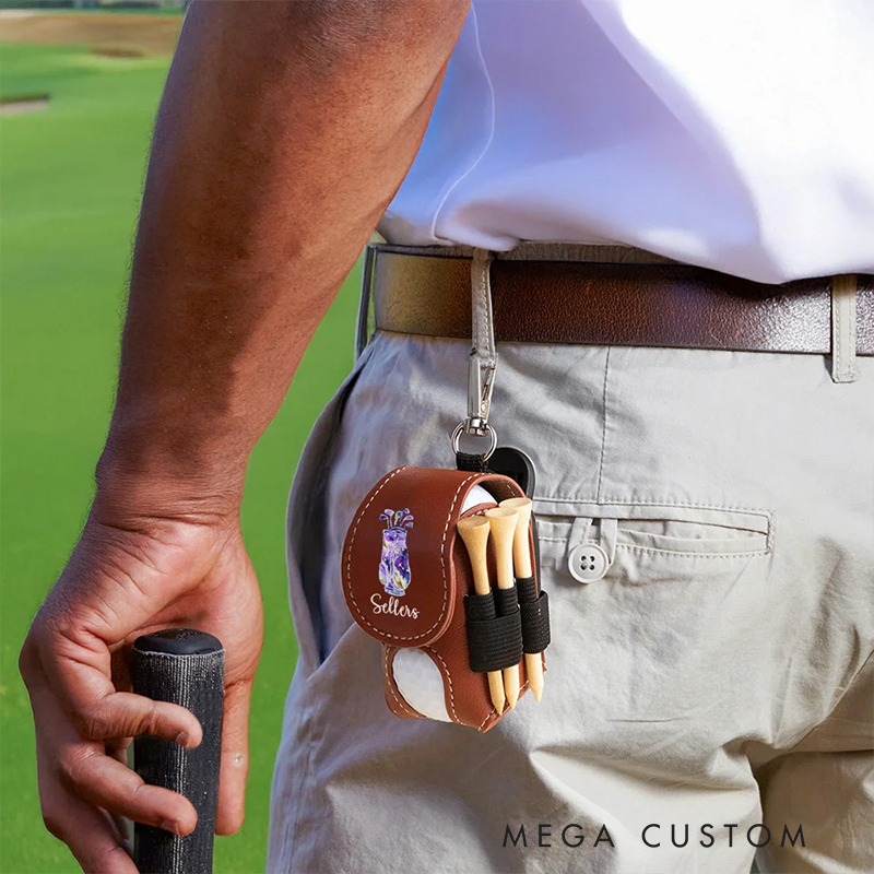 Personalized Leather Golf Ball Pouch with Custom Name Tee Holder and Compact Stylish Design