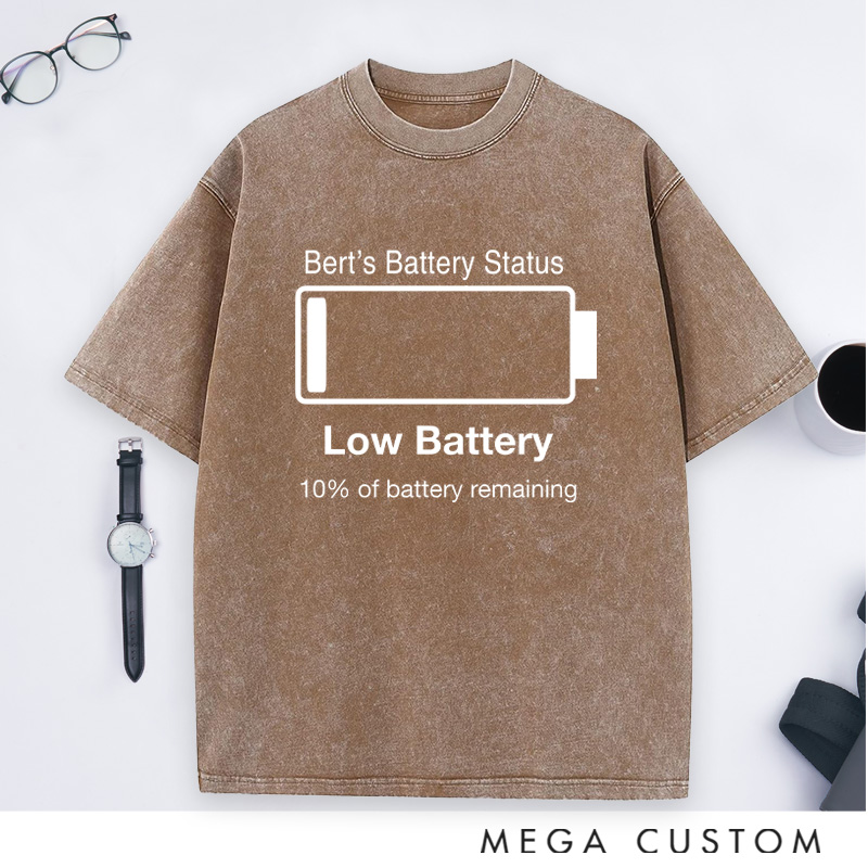 Personalized Low Battery 10% Of Battery Remaining Washed T-Shirts Gift for Geek Nerd