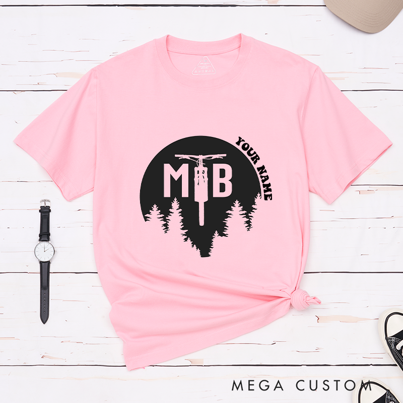 Personalized MTB Forest T-Shirt with Forest Silhouettes and a Fork Graphic for Outdoor Adventures Riding Cycling Biking Enthusiasts