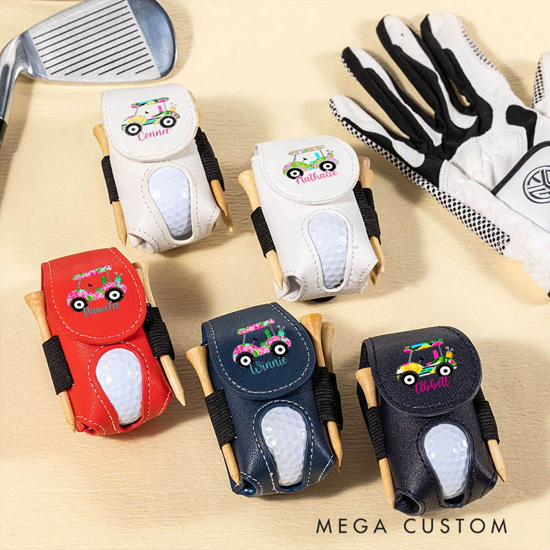 Personalized Leather Golf Ball Pouch with Custom Name and Cute Car Design