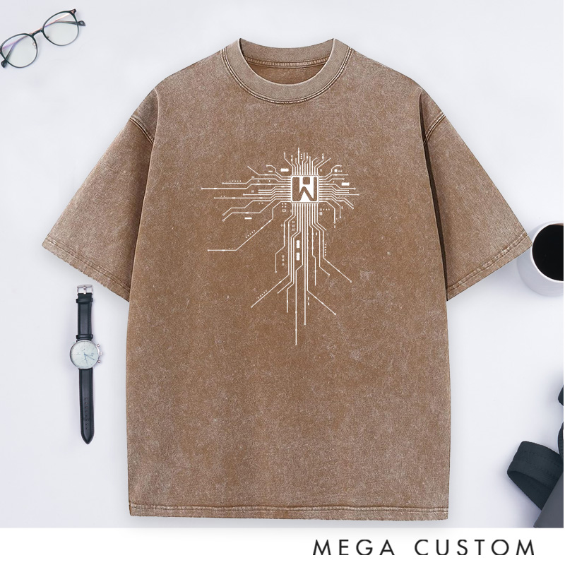 Personalized Digital Circuitry Washed T-Shirts The Heart of Technology Shirts Gift for Computer Geek Nerd 