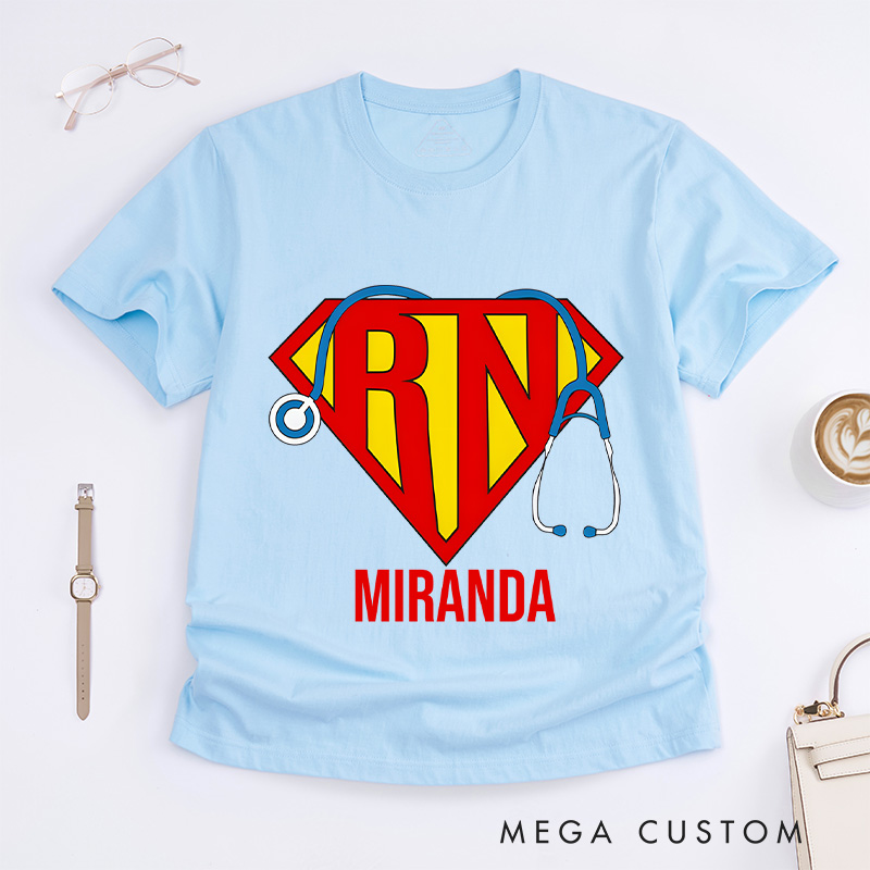 Personalized Nurse T-Shirts Super RN Hero Shield Fashion Design T-Shirts
