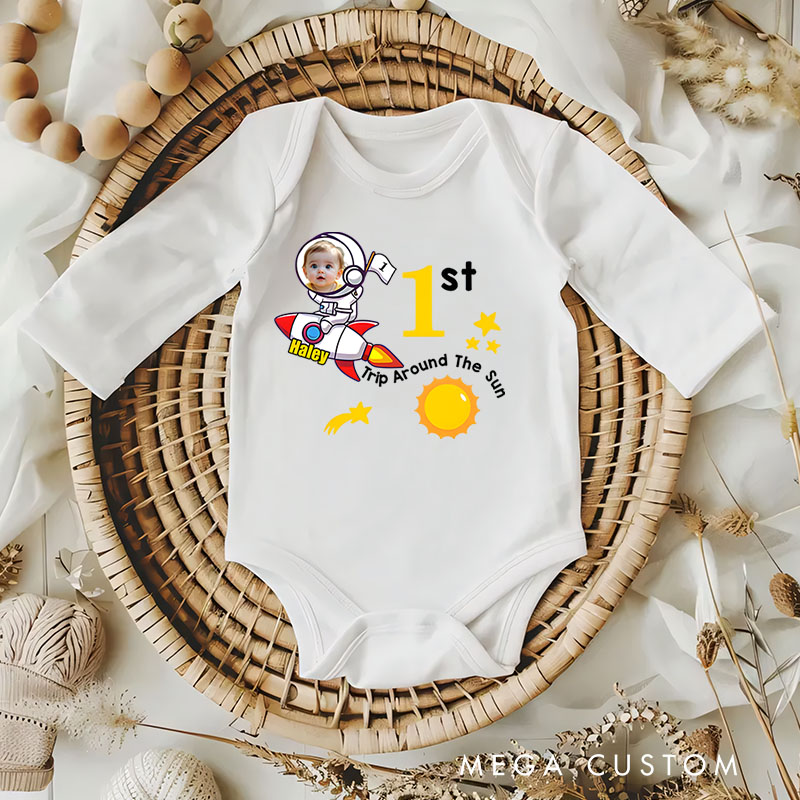 Personalized Baby Photo Rocket and Star Design for Birthday Celebration Baby Bodysuit