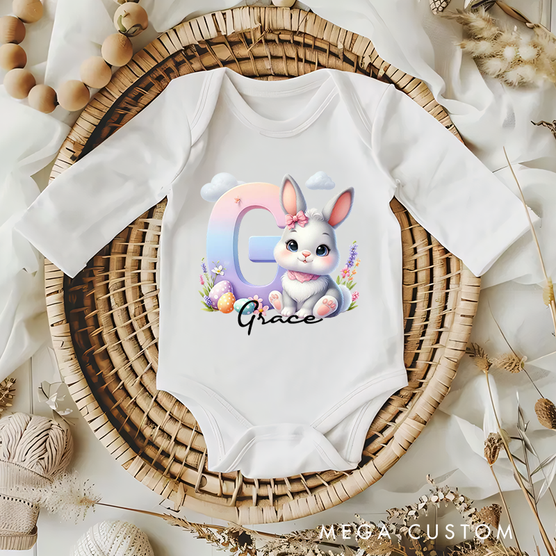 Personalized Cute Easter Bunny Initial Baby Bodysuit with Name Birthday Easter Gift for Kids Baby