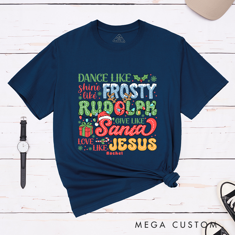 Personalized Frosty Rudolph Santa Jesus T-Shirt with Custom Name Christians Gift Birthday Gift Christian Apparel Gift for Jesus Lover 