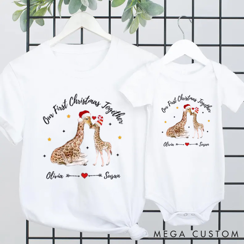 Personalized Our First Christmas Together Giraffe Mom and Baby Family Matching Outfit