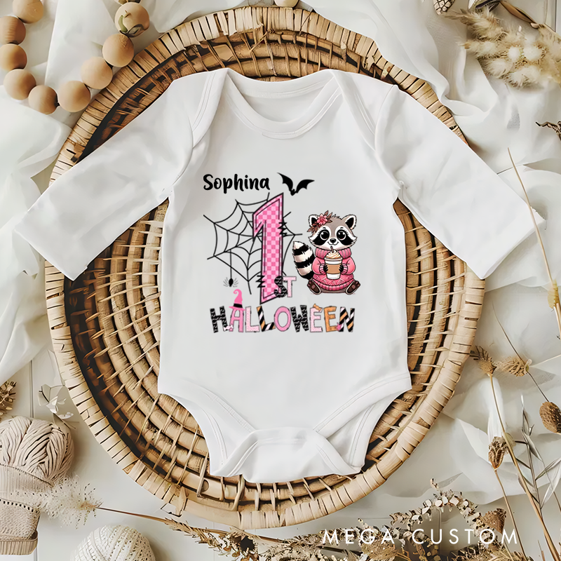 Personalized Cute Peter Rabbit Ghost Raccoon Halloween Elements Baby Bodysuit with Name First Halloween Gift for Newborns
