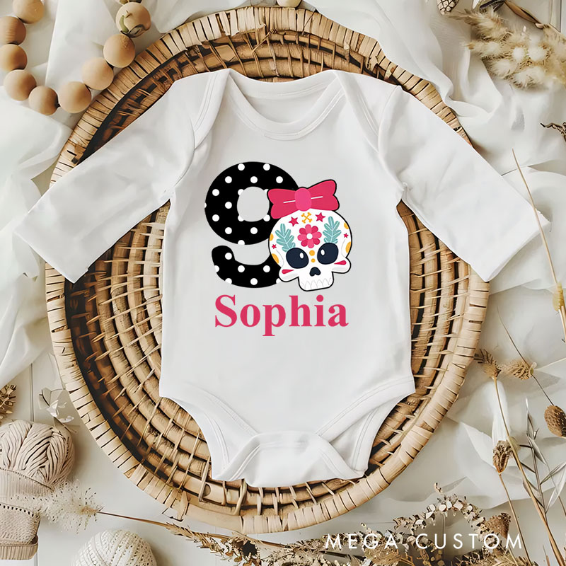 Personalized Minnie Mouse Inspired Skull Design for Baby's First Halloween Celebration Baby Bodysuit