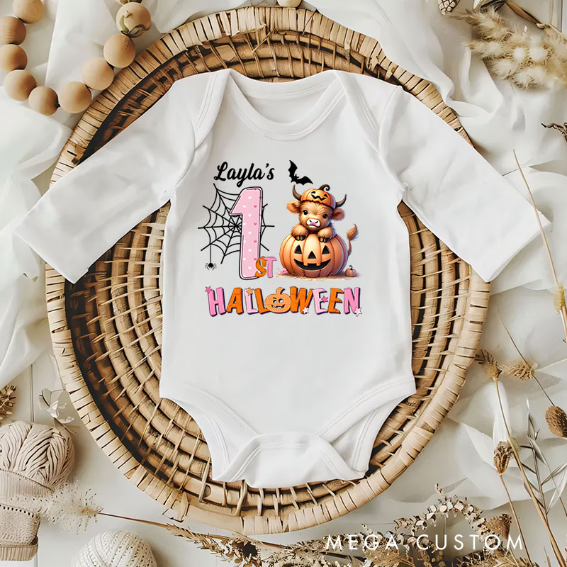 Personalized Spider Web and Pumpkin Design for Baby's First Halloween Celebration Baby Bodysuit