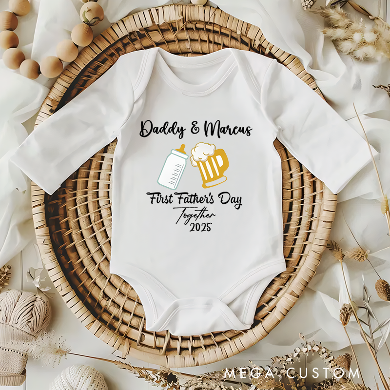 Personalized Baby Bottle and Beer Mug  Baby Onesies with Text Father's Day Birthday Gift