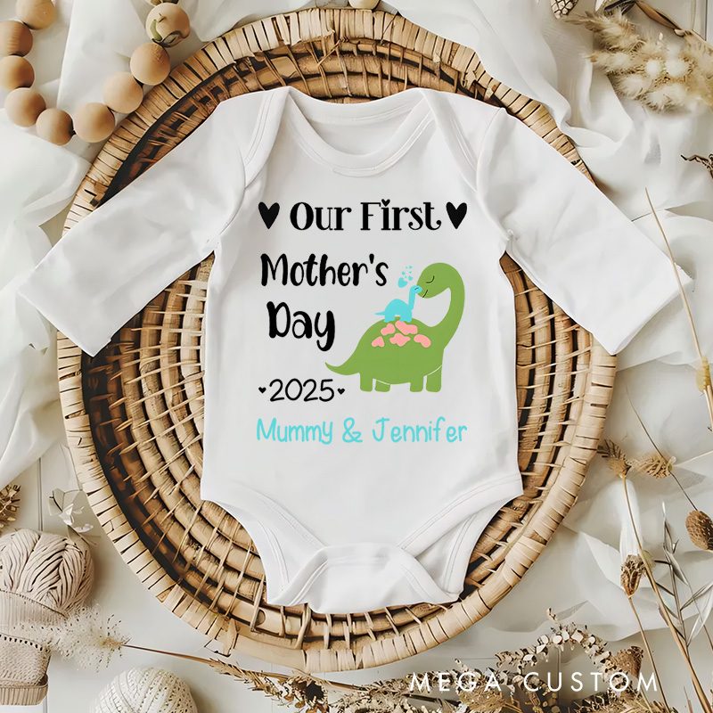 Personalized Our First Mother's Day Dinosaur Mom and Baby with Name and Year for a Fun Design Baby Bodysuit