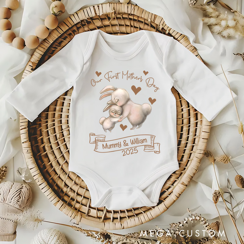 Personalized Our First Mother's Day Gentle Bunny Mom and Baby with Names Baby Bodysuit Gift for New Baby