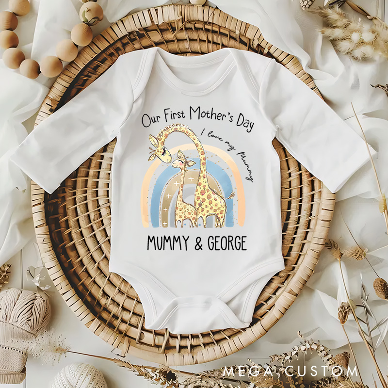 Personalized Our First Mother's Day Giraffe Mom and Baby Surrounded by Pastel Colors and Names Baby Bodysuit