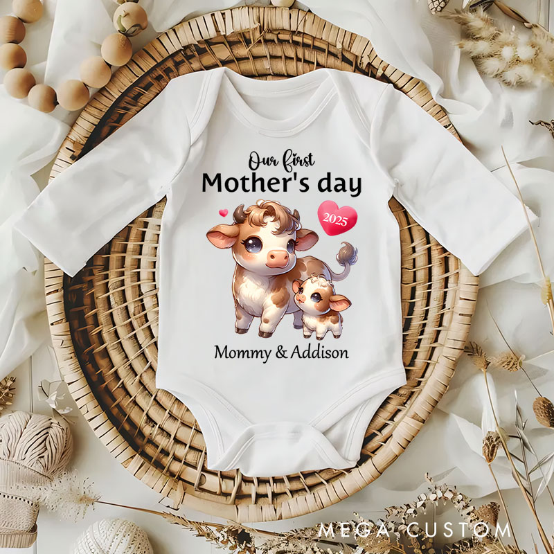 Personalized Our First Mother's Day Cow Mom and Baby with Sweet Hearts and Year Baby Bodysuit