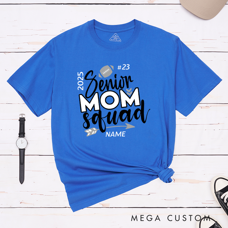 Personalized Senior Mom Squad T-Shirts for American Football and Rugby, Featuring Your Custom Design