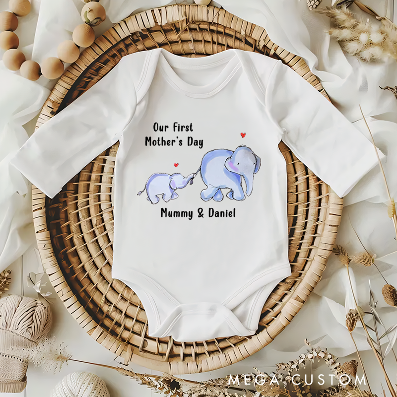 Personalized Our First Mother’s Day Elephant Baby Onesie with Names Gift for Baby New Mom