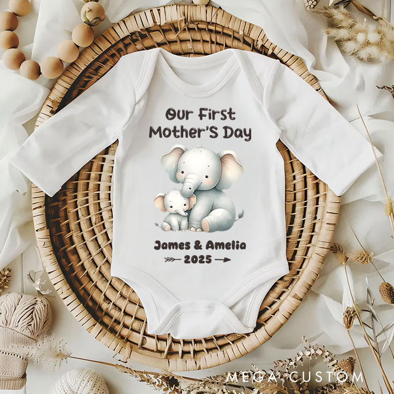 Personalized Our First Mother's Day Design with Sweet Elephant Mom and Baby and Year Baby Bodysuit