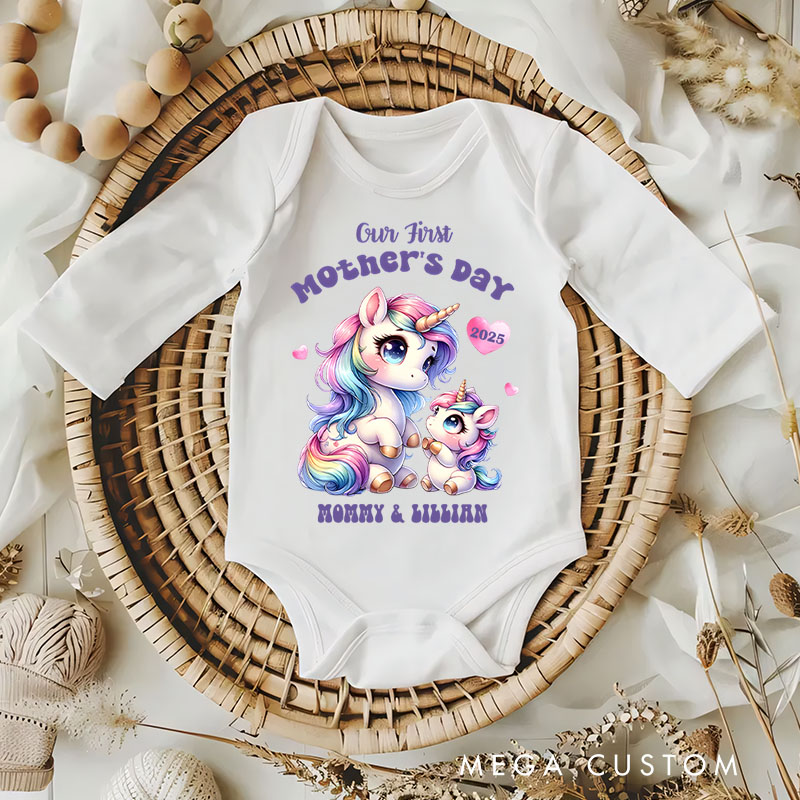 Personalized Our First Mother's Day Unicorn Mom and Baby Design with Vibrant Colors and Name Baby Bodysuit