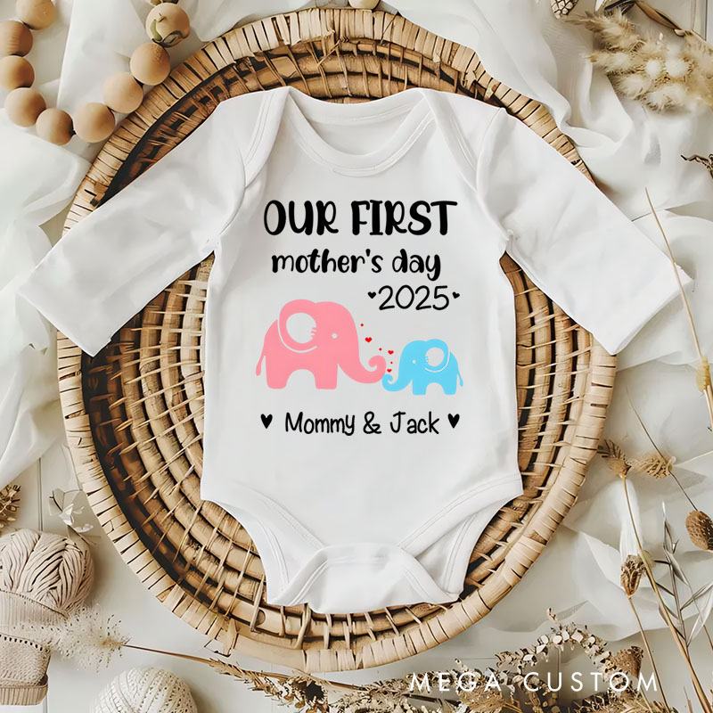 Personalized Our First Mother's Day Pink and Blue Elephant Design with Names and Year Baby Bodysuit
