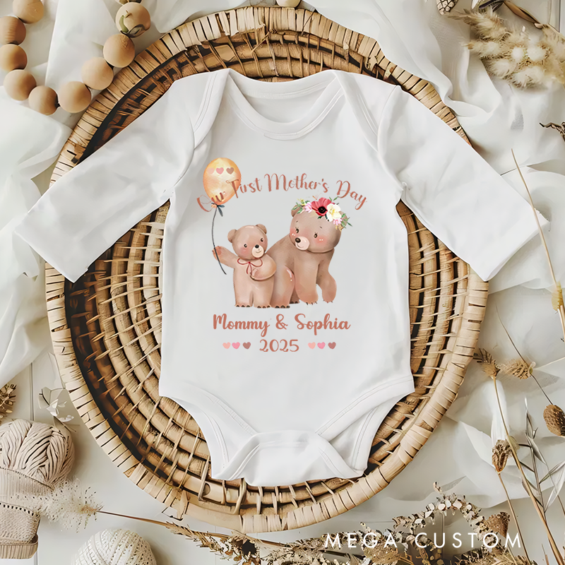 Personalized Watercolor Cute Bears Baby Onesie with Name Our First Mother's Day Gift for Mom Baby