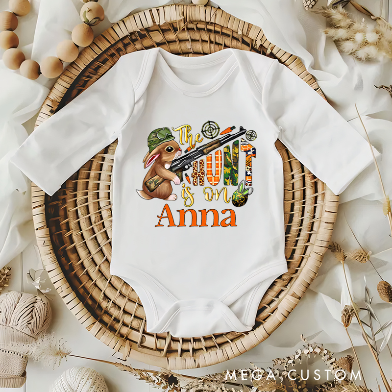 Personalized Cute Bunny The Hunt Is On Baby Onesie with Name Easter Gift for Baby