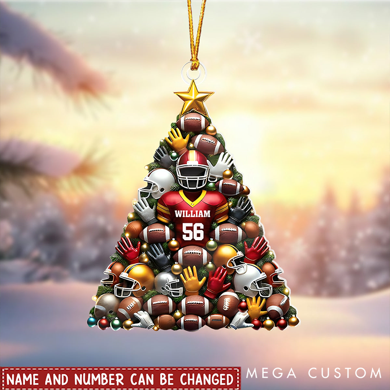 Personalized Football Themed Christmas Tree Ornament with Custom Name and Number Design