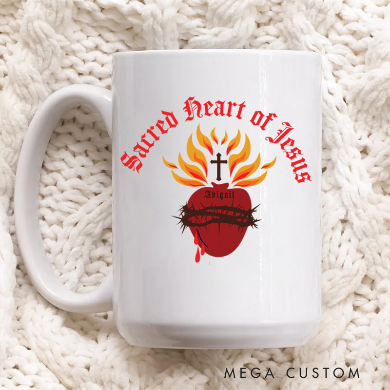 Personalized Sacred Heart of Jesus Ceramic Mug with Name Birthday Gift for Christian Positive Affirmation Religious Gift for Christian