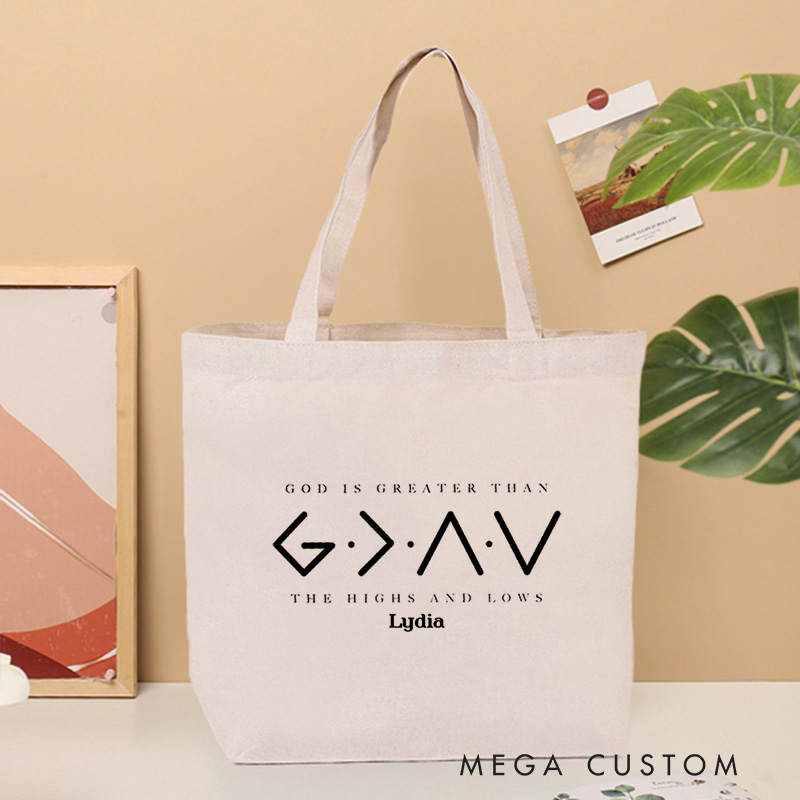 Personalized God Is Greater Than the Highs and Lows Canvas Tote Bag with Name Christian Bag Faith Based Tote Bag Birthday Gift for Women