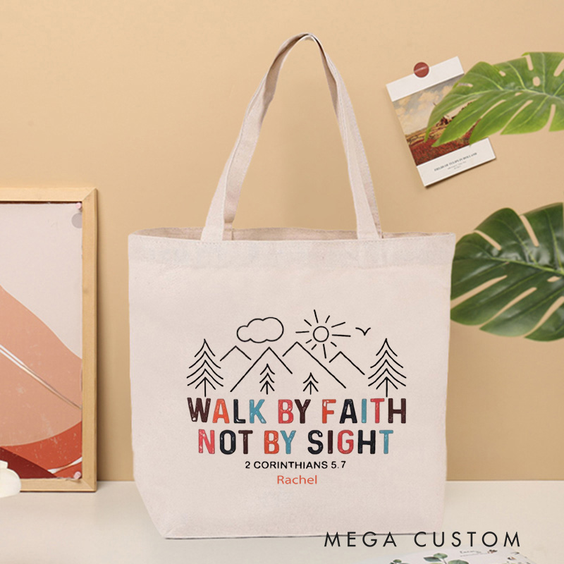 Personalized Walk by Faith Not by Sight Canvas Tote Bag Bible Verse Bag Boho Inspirational Tote Bag Gift of Faith Birthday Gift for Jesus Lover