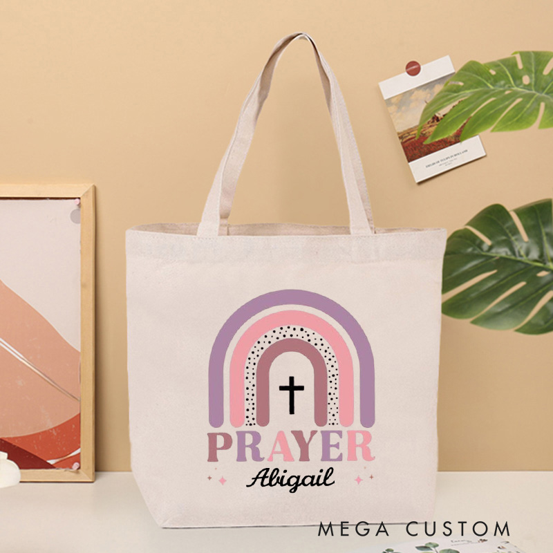 Personalized Prayer with Rainbow and Cross Canvas Tote Bag with Custom Name Religious Bag Birthday Gift for Christian Girls