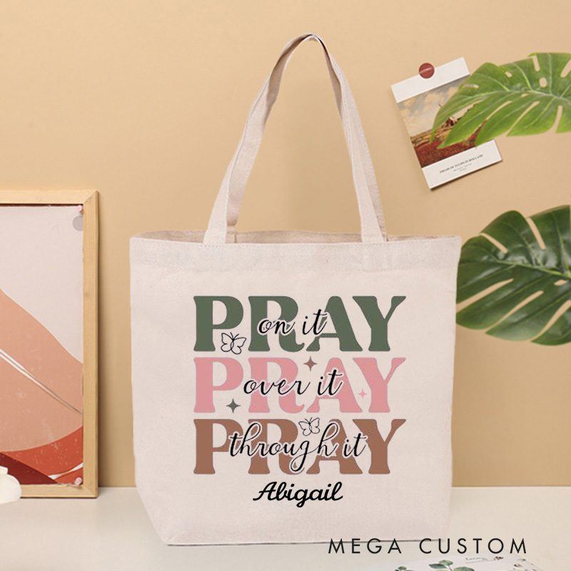 Personalized Pray on It with Butterflies Canvas Tote Bag with Name Christian Tote Bag Religious Gift for Girls