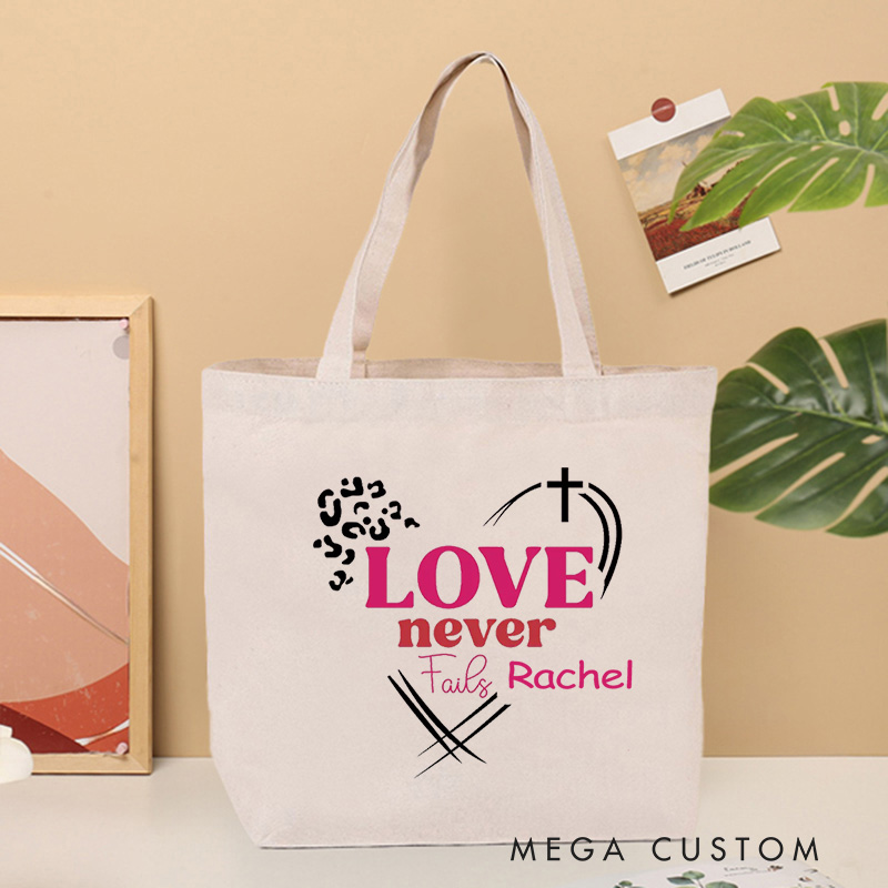 Personalized Love Never Fails Leopard Style Canvas Tote Bag Bible Verse Tote Bag with Custom Name Birthday Gift for Women