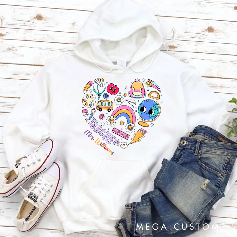 Personalized Hoodies for Teachers School Related Elements Arranged in a Heart shape Hoodies Appreciation Gift for Teachers