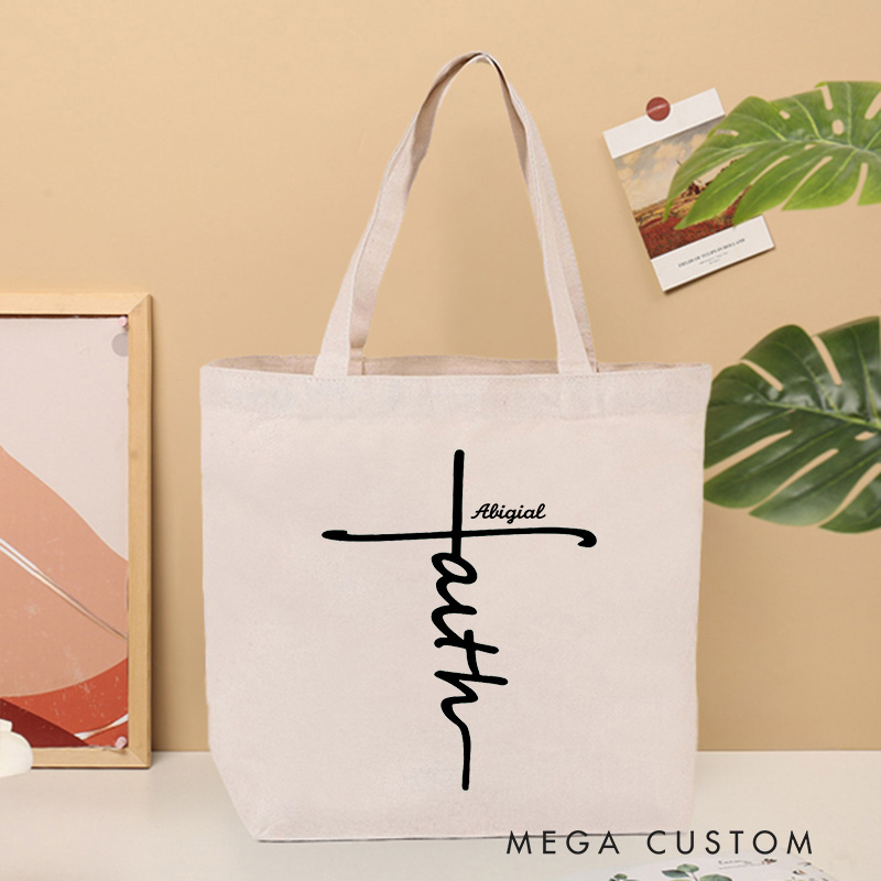 Personalized Faith Cross Canvas Tote Bag with Name Birthay Gift Religious Thoughtful Gift for Christians