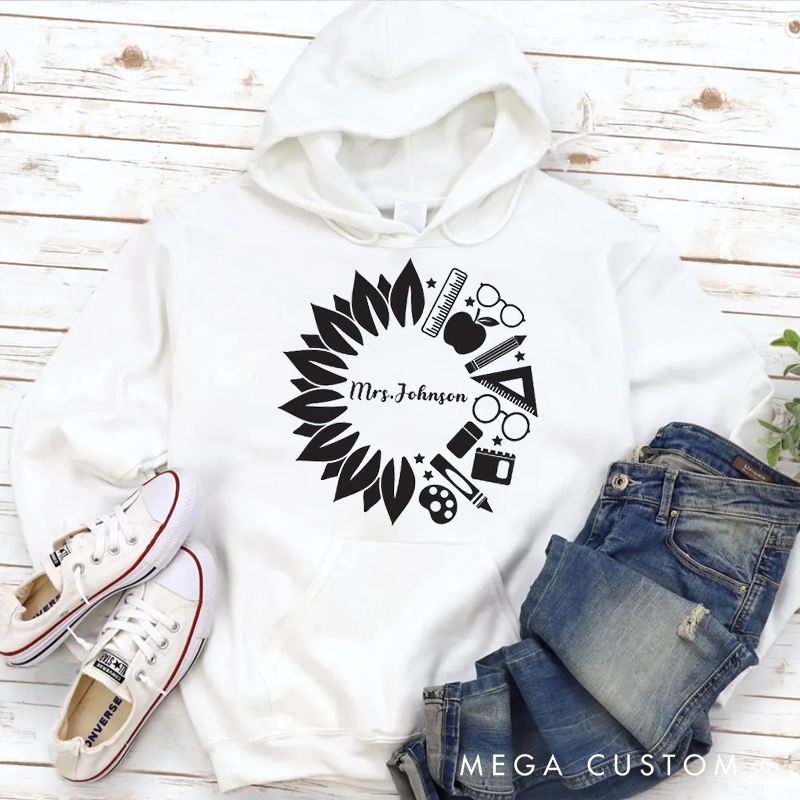 Personalized Hoodies for Teachers Sunflower Inspired Wreath Made up of School Themed Icons Hoodies Gift for Teachers